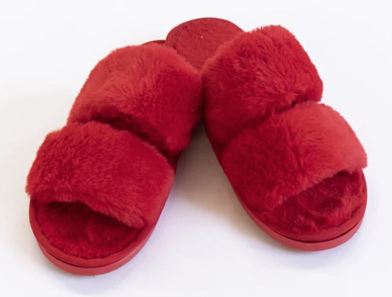 red fuzzy slippers