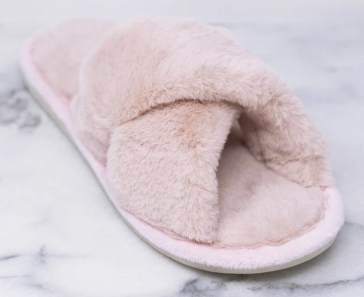 blush pink fuzzy slippers
