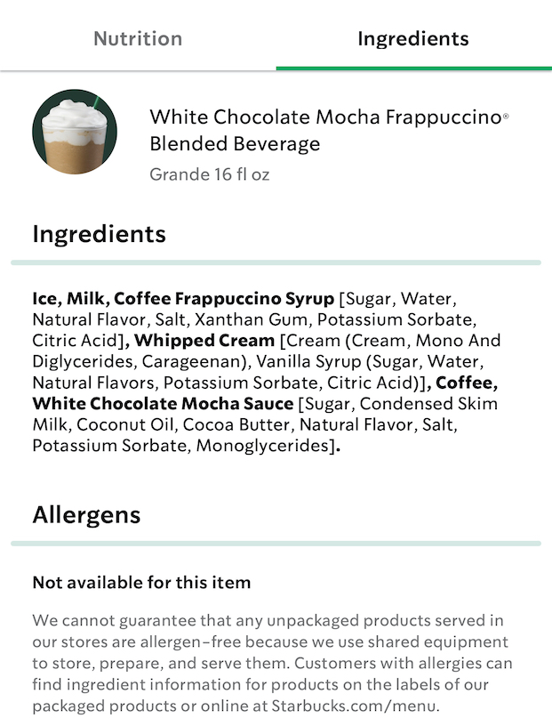 White Mocha Frapp Ingredients
