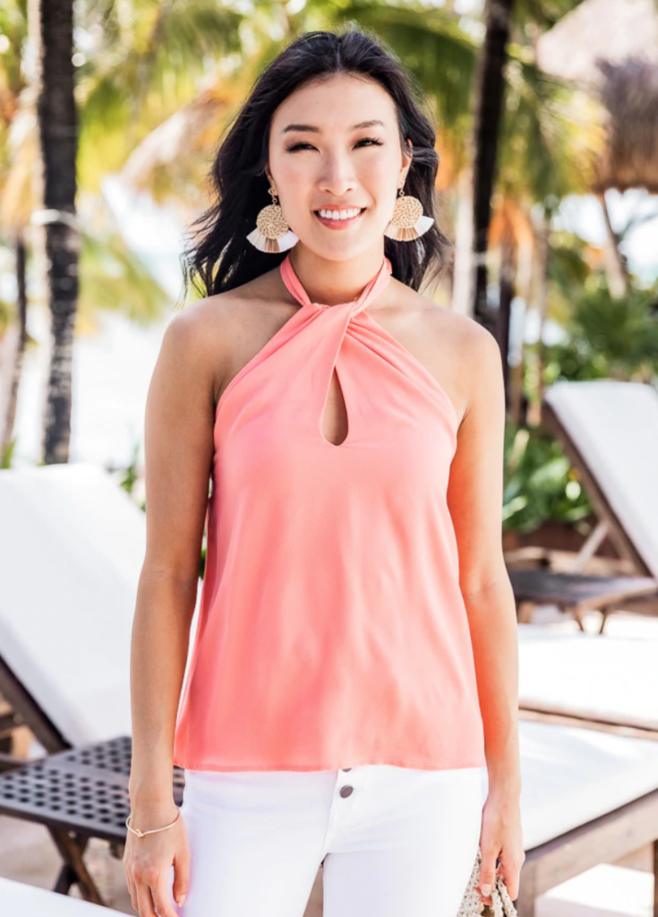 Coral Twist Neck Halter Top Spring Outfit