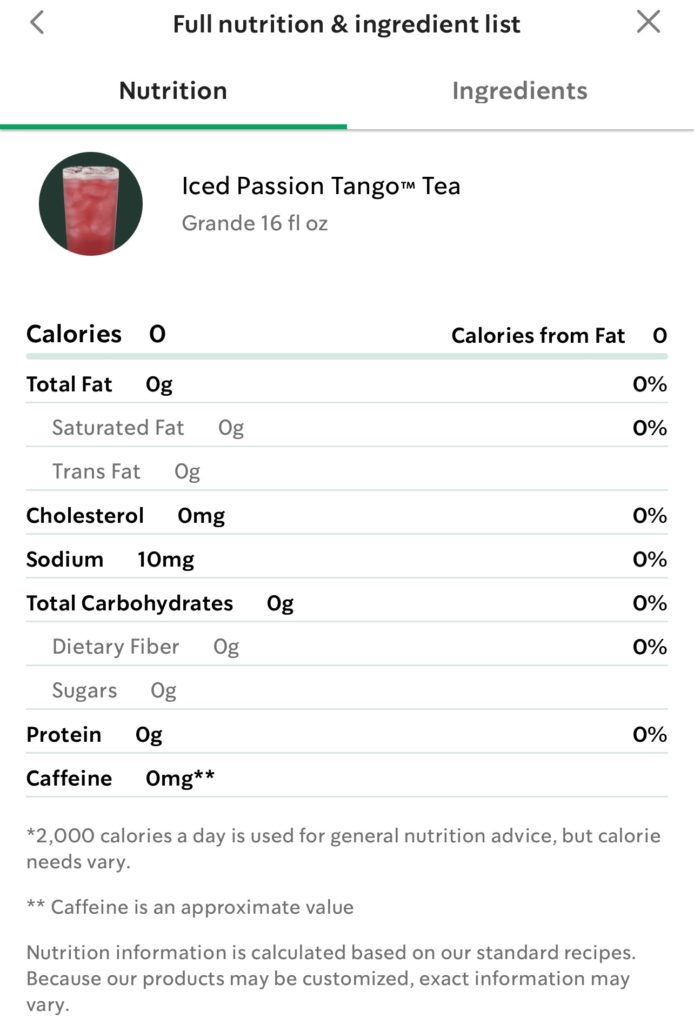 Starbucks Passion Tango Tea Nutrition